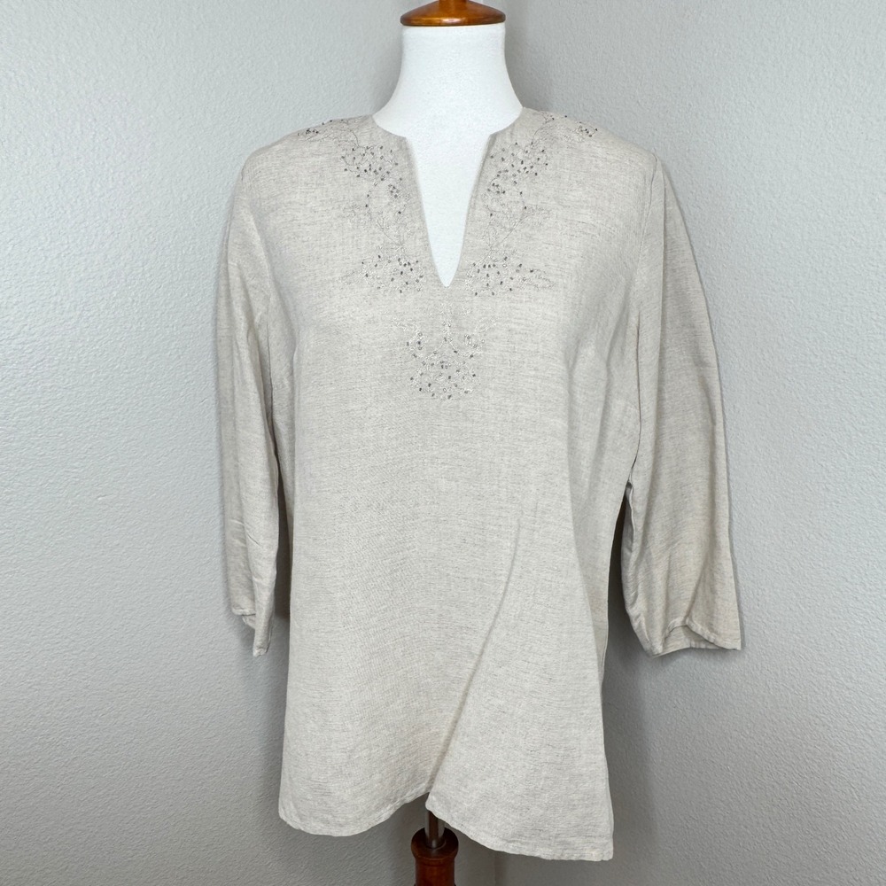 VAN HEUSEN Linen Blend Tunic MED Embroidered Beaded Tan 3/4 Sleeves Lightweight‎